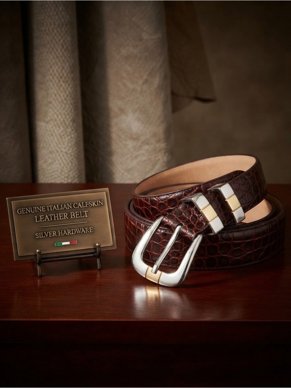 Vintage 90s Croc Embossed Italian Calfskin Leather Belt Brown Two-Tone Hardware